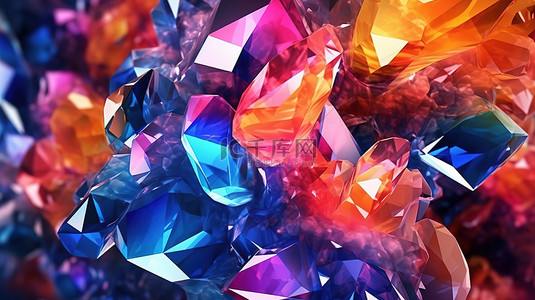 具有 3D 纹理的虹彩多面宝石抽象几何水晶背景