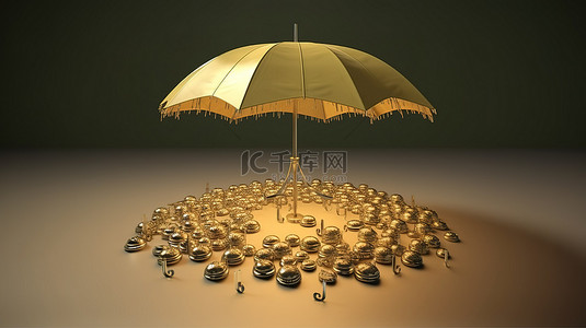 在孤立的插图中，一股新币加密财富从 3D 雨伞中倾泻而出