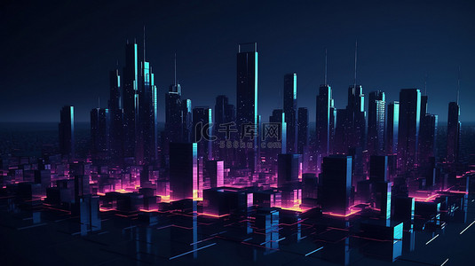 都會背景图片_城市梯度摩天大楼黑暗的 3D 渲染抽象夜间大都市与密集建筑的景观