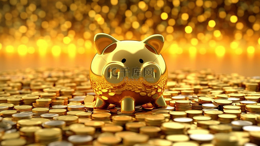 用金猪存钱罐和硬币堆展示金融储蓄概念的 3D 插图