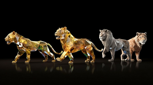 各种各样的钻石动物雕像雄伟的狮子在运动