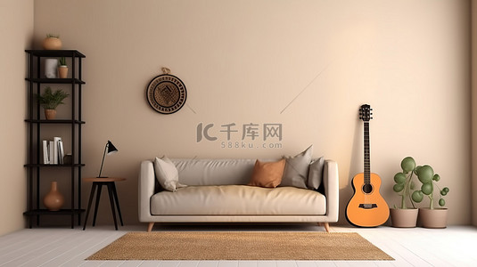 房间内背景图片_简单单人沙发设计的时尚 3D 渲染，房间内配有吉他