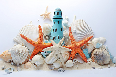 白色背景中的许多海洋生物玩具贝壳和海星