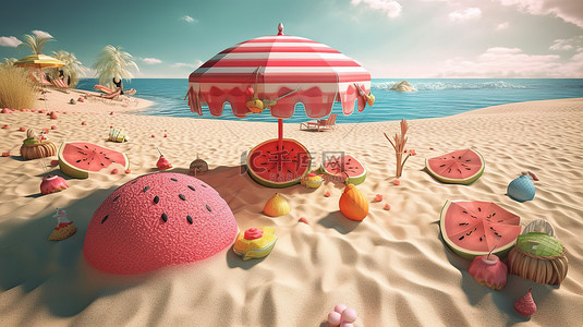 海滩天堂的 3D 描绘，配有太阳救生圈球冰淇淋提神饮料太阳伞和西瓜，非常适合您的暑假