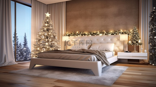 白色圣诞树背景图片_酒店或公寓的节日卧室与圣诞树 3D 渲染