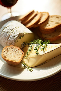 美味的奶酪和面包放在带软木塞的白盘上