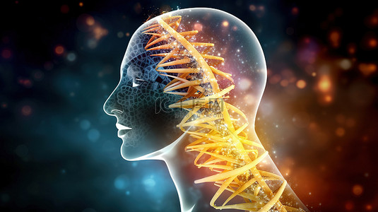 分子药物背景图片_大脑和生物年龄的 3D 渲染图像，具有科学和医学概念的 DNA 背景