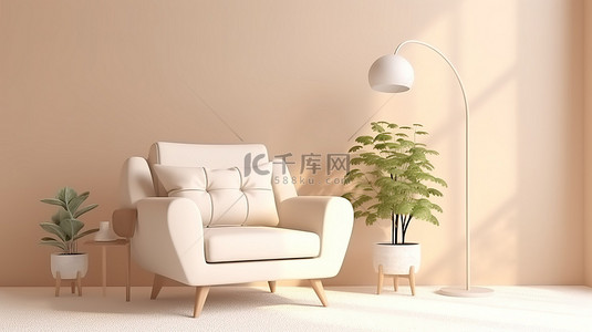 现代白色扶手椅，位于舒适的客厅环境中，配有米色背景 3D 渲染