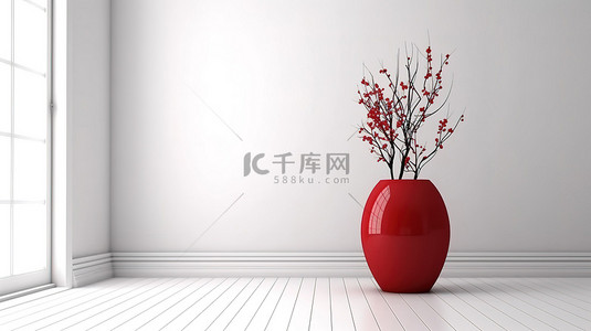 现代 3D 渲染白墙，配有红色关门白色木地板优雅的铬花瓶和天然干燥植物