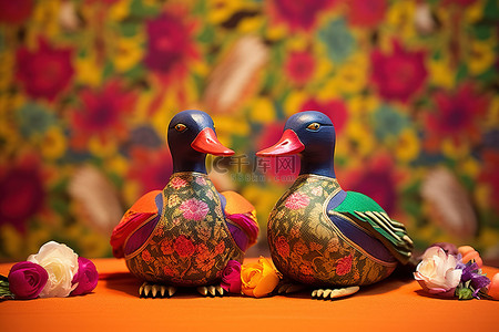 木鹅背景图片_彩色桌布上的两只木鸭
