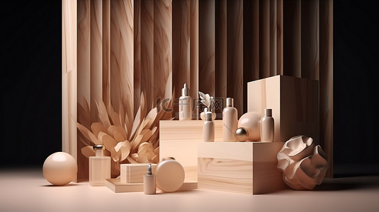 化妆品展示 3D 渲染自然美背景，时尚边缘和立方体木盒