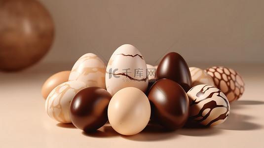 四月问候背景图片_复活节主题 3d 渲染米色背景与象牙和棕色鸡蛋