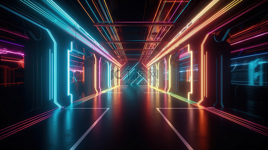 霓虹灯隧道大厅的抽象未来派暗室 3D 渲染