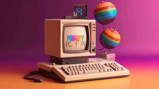 复古个人电脑，带有程序员日标志，彩色背景 3D 渲染快乐程序员的概念