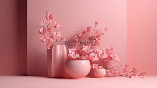最小基座上的春花花束 3D 渲染，粉红色背景，用于美容和化妆品演示