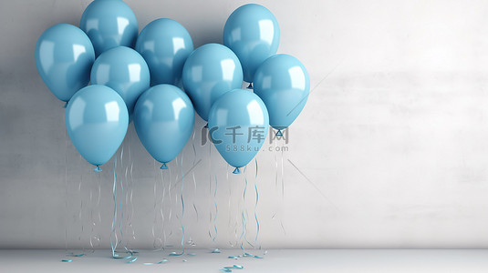 贺卡格式背景图片_一组生动的蓝色气球在中性灰色墙壁背景下以水平横幅格式呈现，并带有 3D 渲染