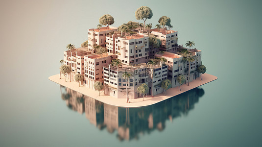 家庭树卡通背景图片_岛上的城市公寓楼 3D 渲染插图