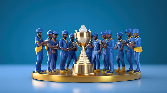 体育场比赛背景图片_斯里兰卡 vs 纳米比亚 板球队运动员争夺银奖杯和比赛装备的 3D 渲染描绘