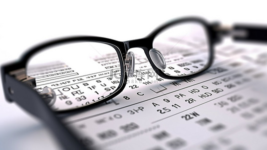 视力健康背景图片_3D 渲染的视力表或视力测试通过眼镜在白色背景下查看