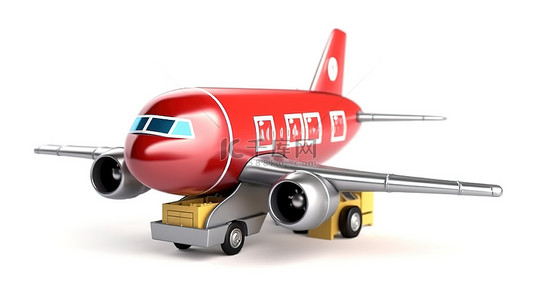 物流箱标签背景图片_3D 渲染卡通玩具喷气式飞机运输货物集装箱，白色背景上带有快速交货标签