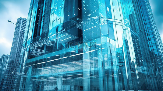 说明背景背景图片_反光银行标志装饰现代玻璃摩天大楼，以 3D 渲染说明商业和金融概念