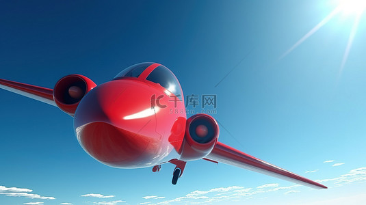 卡通红色喷气机在 3D 渲染中翱翔在清澈的蓝天
