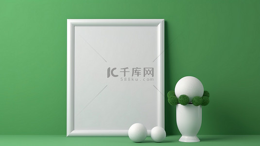 干净简单的肖像模型白色框架和绿色屏幕在明亮的白色墙壁背景上 3D