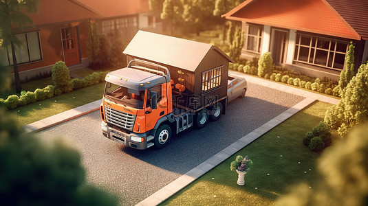由卡车运输的房屋的 3d 渲染