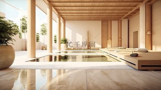 日本的背景图片_3D 渲染的宁静空间，带游泳池的日本简约酒店的内部放松