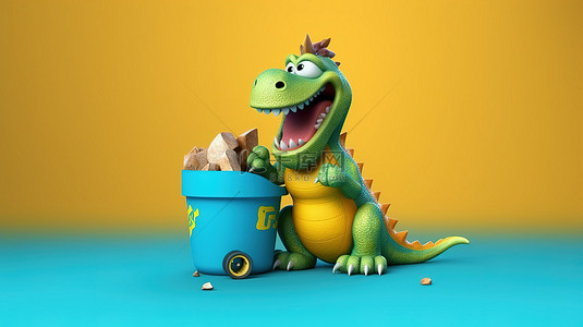滑稽的 3D 恐龙人物抓着垃圾桶