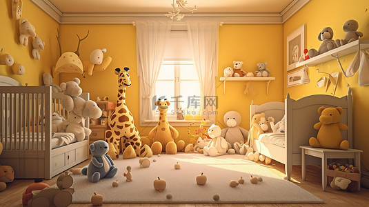 毛绒的玩具背景图片_装饰有毛绒动物玩具的舒适游戏室的数字渲染