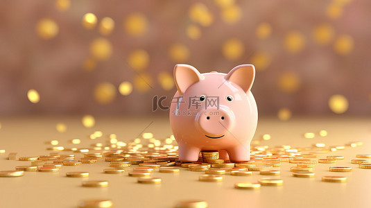 3D 渲染存钱罐和掉落的金币在柔和的米色背景上进行有效的财务规划
