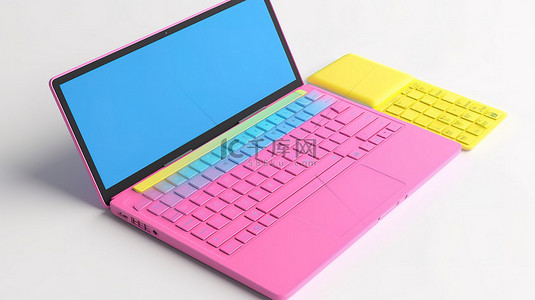 充满活力的蓝色笔记本电脑，带粉红色键盘和双手在白色背景上隔离 3d 渲染图像与剪切路径