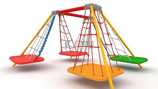 攀爬设备背景图片_逼真的 3D 游乐场公园，配有三绳攀爬设备，适合白色背景下的儿童