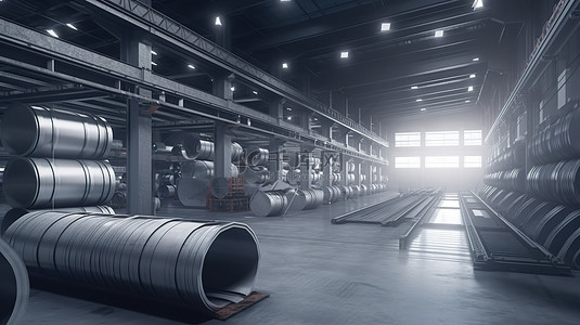 钢化膜工厂背景图片_堆满钢卷的工厂内部等距渲染