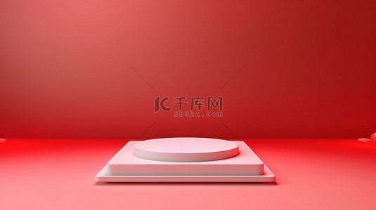 极简主义 3D 渲染浅红色场景中浮动的白色方形底座，用于品牌推广和演示