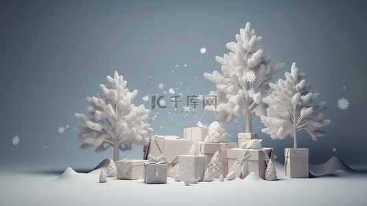 冬季仙境是节日场景的 3d 渲染，带有礼盒雪花和圣诞树