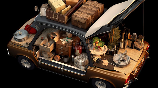 棕色车轮背景图片_棕色汽车后备箱装满 3D 等距模型中的物品