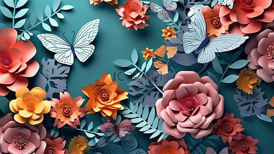 康乃馨手工背景图片_花纸艺术充满活力的 3D 渲染手工花朵和蝴蝶