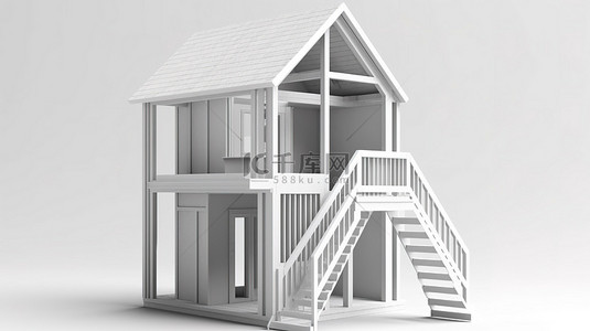 框架图背景图片_白色背景隔离的房屋框架图标的 3D 渲染，带有简单的房屋以及楼梯和门的象征性触感