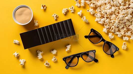 小吃黄色背景图片_娱乐业拍板爆米花碗和黄色背景 3D 眼镜的顶视图，阴影深