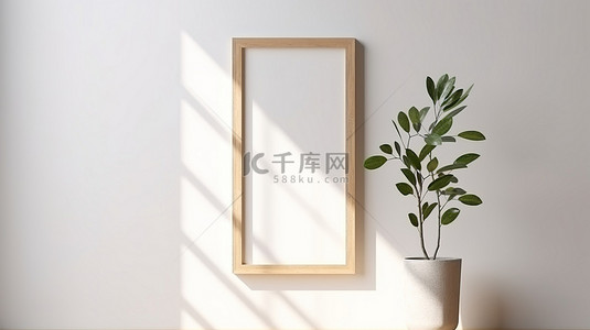 木材框背景图片_使用 3D 渲染技术创建的阳光照射白墙模型，带有空垂直海报框架，采用浅色木材和树叶阴影