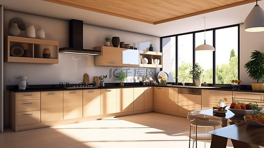 家庭设施背景图片_现代厨房与海湾照明水槽和炉灶设施合并 3D 可视化