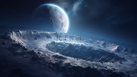 宇宙渲染背景图片_月球陨石坑的 3D 渲染视图以及蓝色地球和星星背景