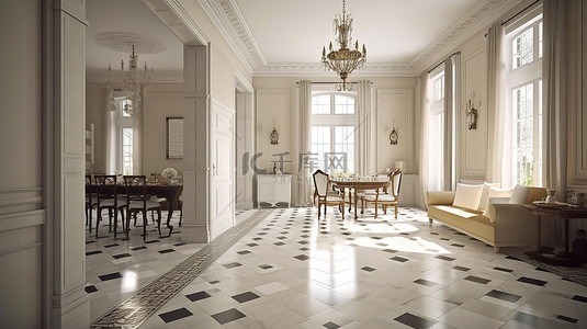 古典风格家具背景图片_古典风格的客厅走廊和厨房以 3D 呈现