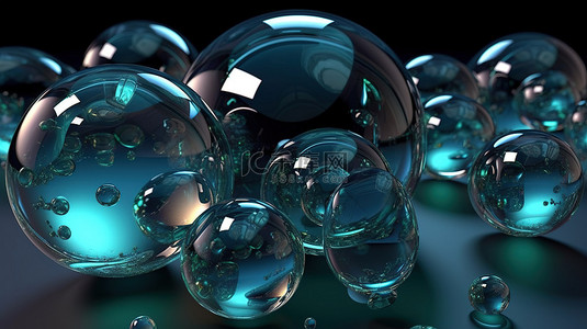 3D 渲染背景中的各种玻璃气泡和透明球体