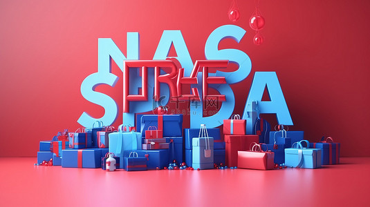 商店风格大胆的字母大型销售在辐射红和蓝光下展示商店入口推车和礼品在令人惊叹的 3D 插图