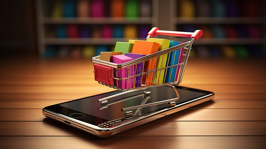 购物商店背景图片_网上购物插图信用卡智能手机和带有 3D 渲染购物袋的购物车
