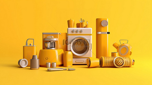 家电厨房背景图片_黄色背景上充满活力的 3D 家电渲染非常适合社交媒体推广