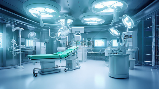尖端科技背景图片_带 C 臂和尖端医疗工具的无菌手术室的 3D 渲染